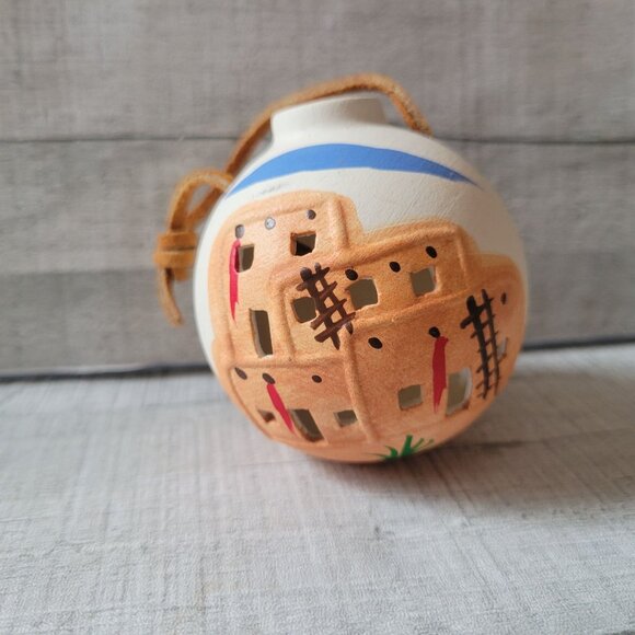 Handcrafted New Mexico Pueblo-Themed Ceramic Ornament With Leather Loop - Picture 1 of 10